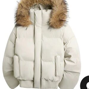 Cream Puffer Jacket with Faux Fur Hood